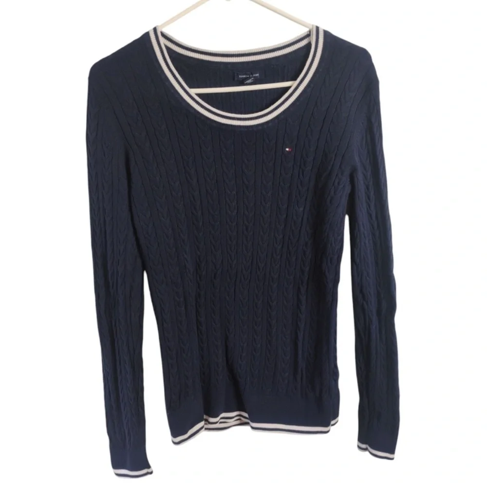 Tommy Hilfiger Women's Navy Cable Knit Sweater with White Trim Size Medium - Picture 1 of 4